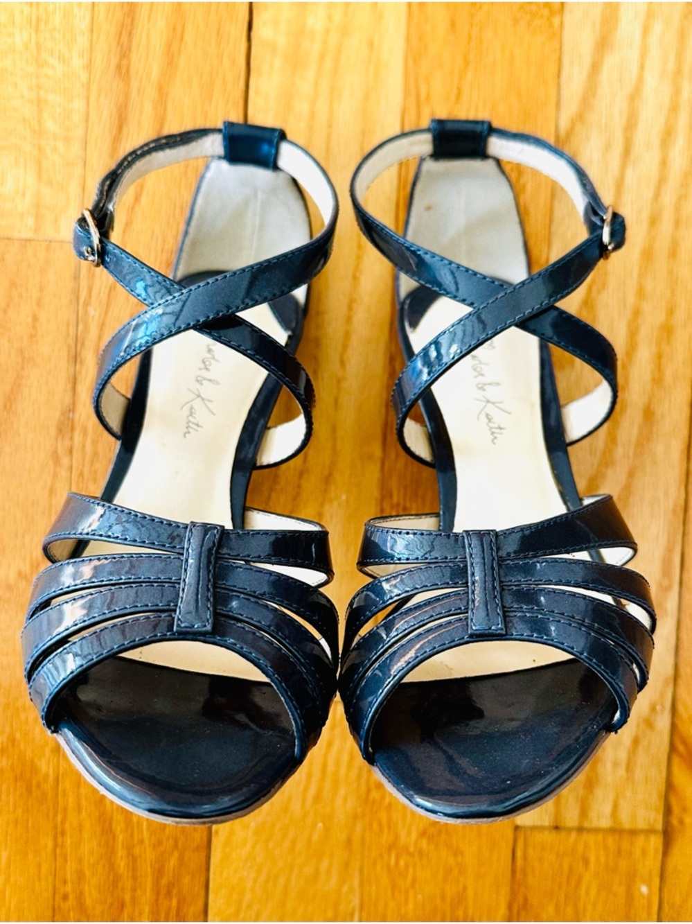 Charles & Keith Blue Gray Glossy Strappy Heeled Sandals Ankle Strap Size 34 / 4 - Picture 2 of 9